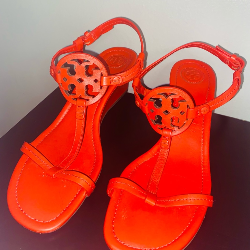 Tory Burch Orange Leather Wedge Sandal Size 8.5